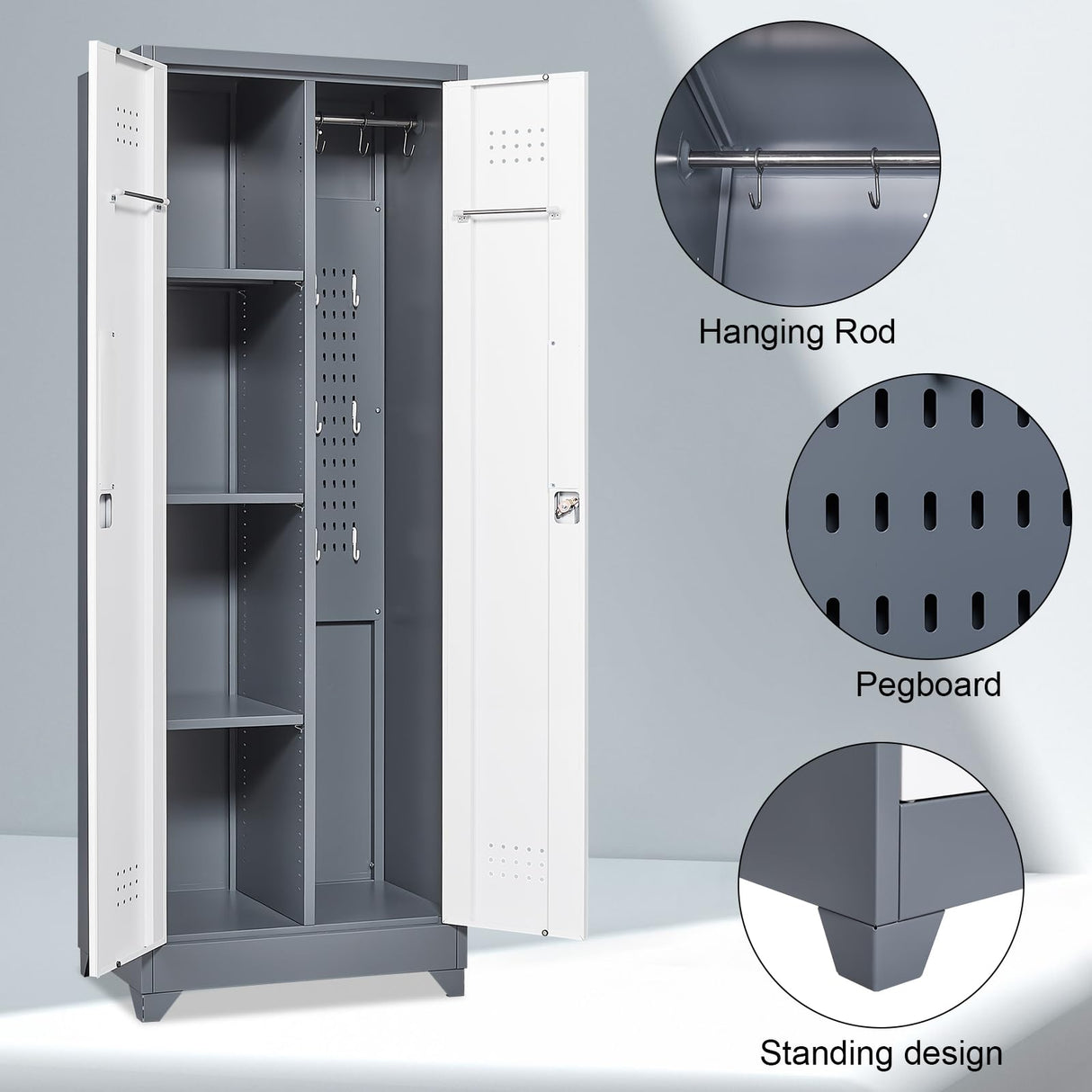 STEELIST Broom Closet, Metal Storage Cabinet with Hanging Rod, 65" Broom Tool Organizer, Metal Cabinet with Doors and Shelves, Tall Cleaning Storage for Home, Office, Garage, Balcony STEELIST