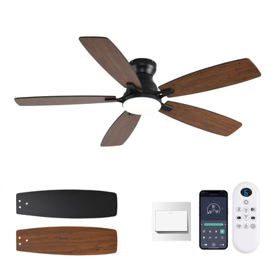 NKPU 52inch Ceiling Fans with Lights, Low Profile Ceiling Fan with Light and Remote/APP Control, DC Reversible Motor, Noiseless, Flush Mount, Brown Ceiling Fan for Bedroom Indoor/Outdoor Use