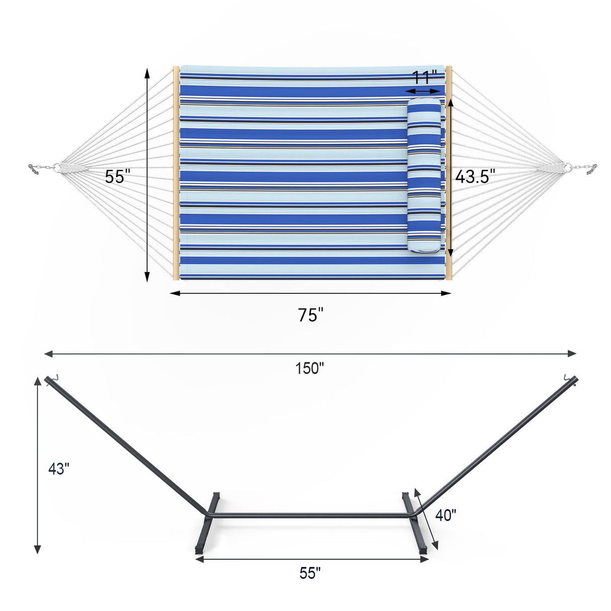 Everyfun Double Hammock with Stand, 2 Person Cotton Rope Hammock with Removable Polyester Pad, 500LBS Capacity, Portable & Adjustable Design, Includes Storage Bag, Indoor Outdoor Use,Blue Everyfun