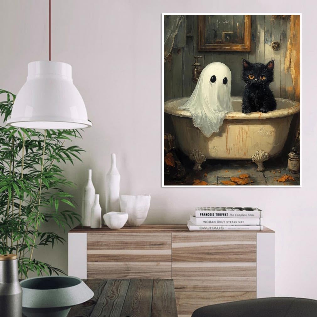 Halloween Paint by Numbers Kit for Adults, Ghost Oil Painting by Numbers with Brushes, Black Cat Art and Crafts Canvas Kit for Beginner Home Decor 16x20 inch / 40x50 cm Clendo