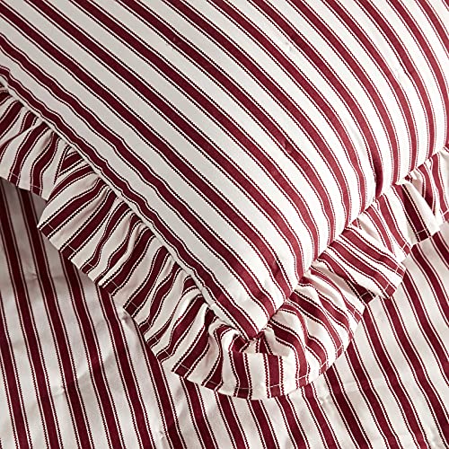CHIXIN Ticking Stripe Ruffle Skirt Bedspread Queen Size - 30" Long Drop, Shabby Chic Style, Lightweight Bedding Cover, 3 Piece Set, Burgundy Red CHIXIN