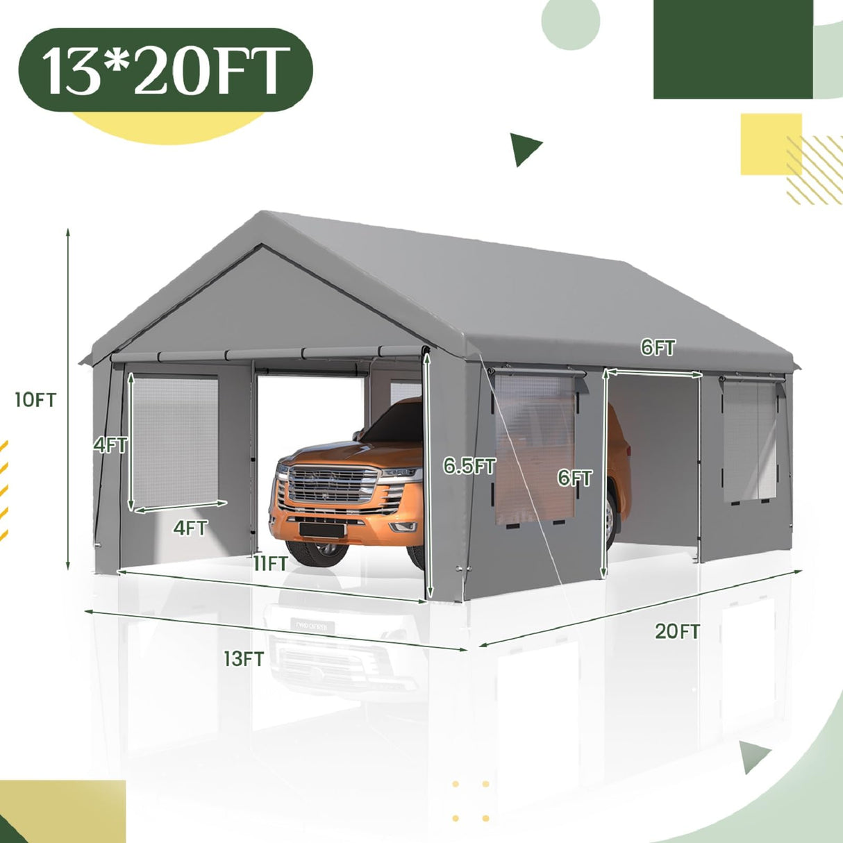 EROMMY 13' x 20' Carport,Portable Garage with UV Protection & Steel Frame, Heavy Duty Car Port with Removable Sidewalls, All-Season Car Canopy for Tractor, Truck, Boat, Outer Gray and Inner White EROMMY