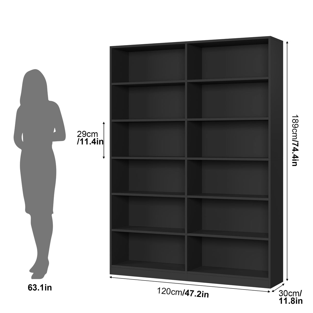 FACBOTALL Bookshelf and Bookcase, 6-Tier Double Wide Bookshelves, Freestanding Display Storage Shelves, Tall Bookcases for Home Decor Bedroom, Living Room, Home Office,Black FACBOTALL