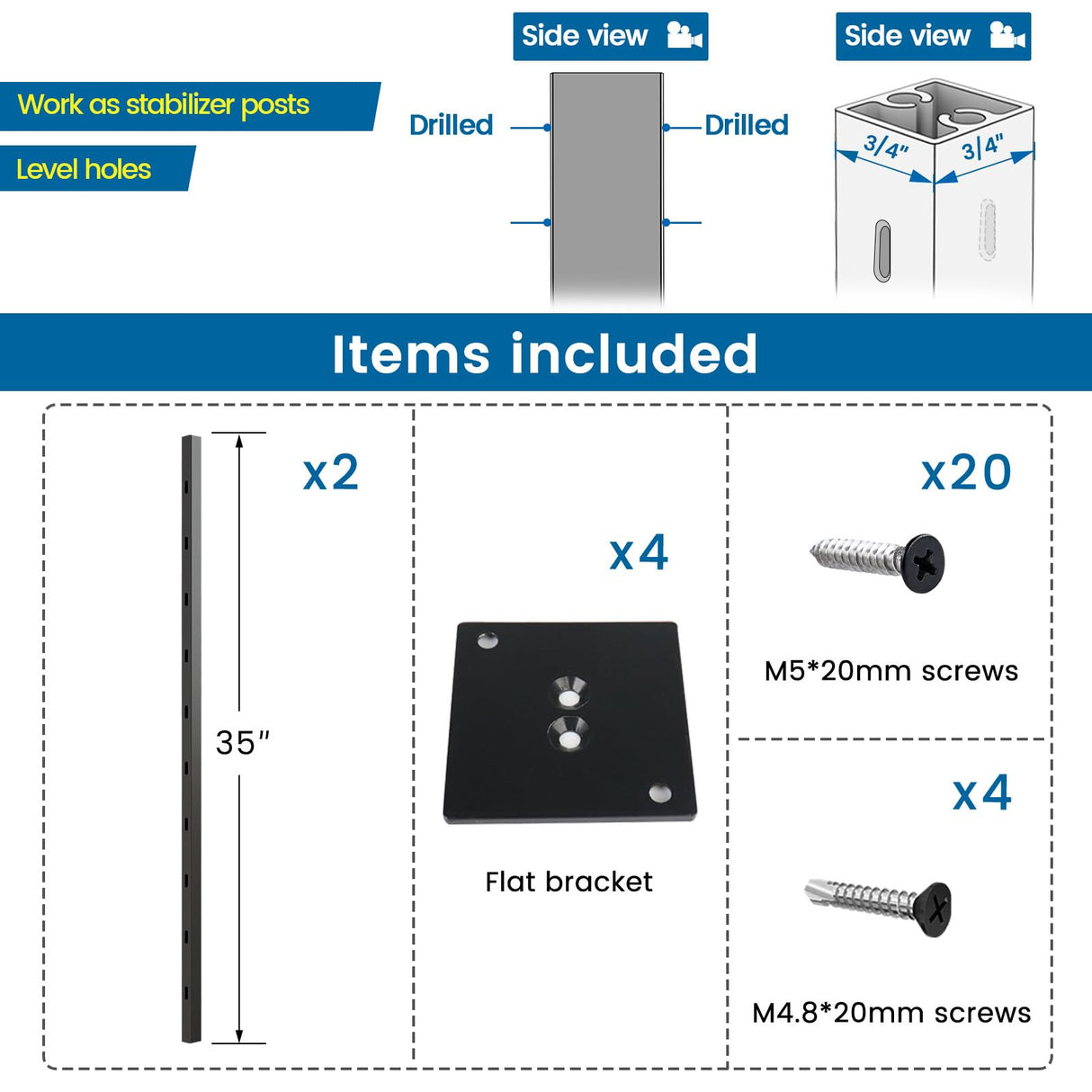 Muzata 2Pack Black Aluminum Intermediate Cable Railing Post Level drilled 36" x3/4" Surface Mount Cable Railing System Kit Square Stabilizer Post with Flat Bracket Indoor Outdoor Seaside PD72 BHAS Muzata