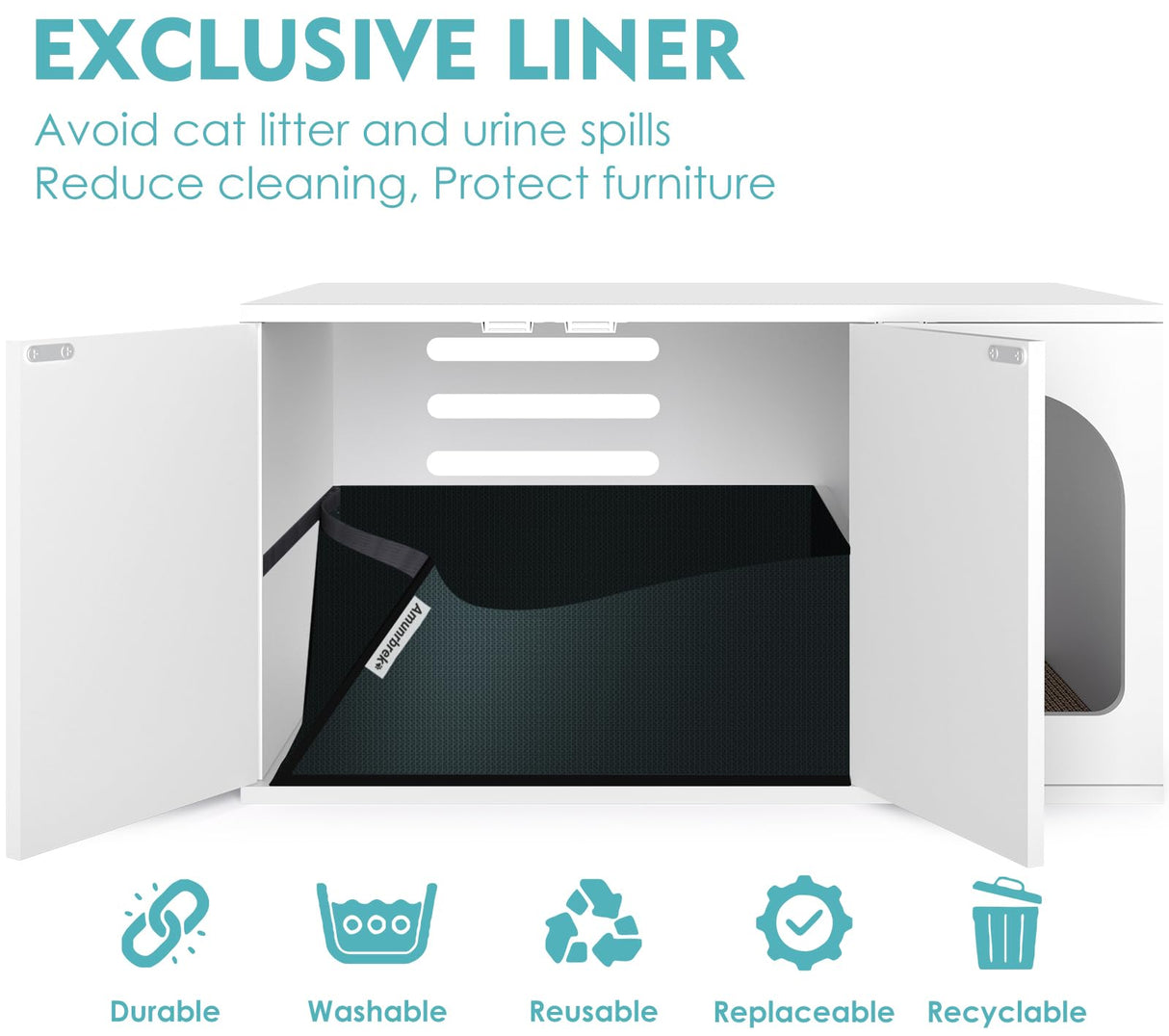 Amunrbrek Litter Box Enclosure, Cat Litter Box Enclosure Furniture, Wooden Litter Box Furniture with 2 Enclosure Liner (White) amunrbrek