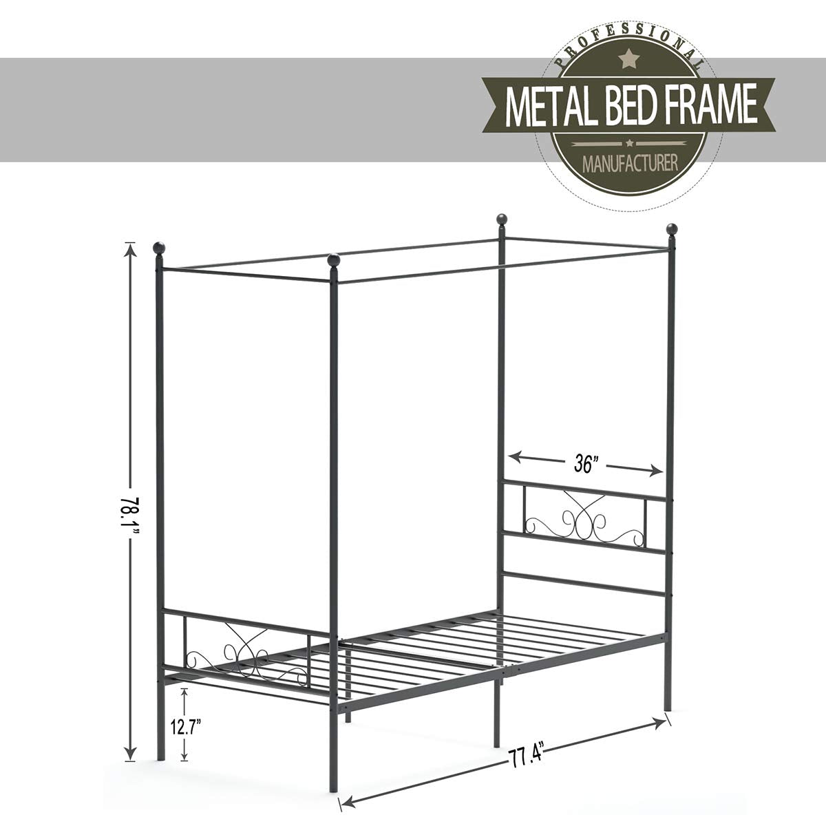 Weehom Twin Canopy Bed Frame with Headboard and Footboard, 4 Posters Metal Bed Frame, No Box Spring Needed, Mattress Foundation Platform Bed for Kids and Adults, Black Weehom