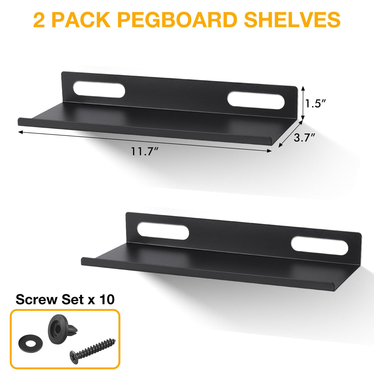 Metal Pegboard Shelf Set - 2Pack 11.7" Peg Board Shelving Racks Black Accessories Display Trays Tool Tiered Shelves for Office Craft Garage Kitchen Bathroom Pegboard Organization System (Medium) G.CORE