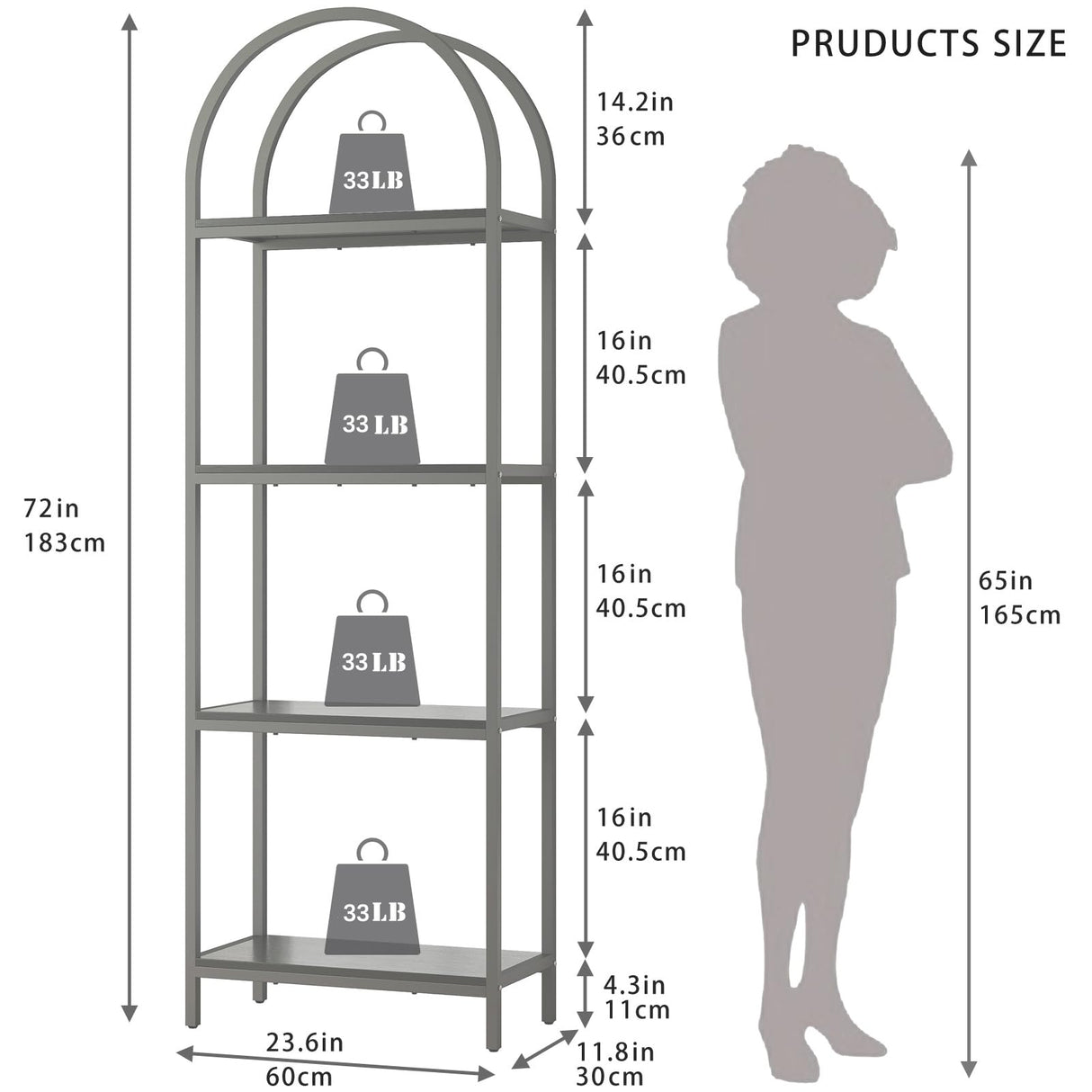 Kogven Bookshelf Arched Bookcase, Industrial Curved Metal Book Shelves, 72" Tall Freestanding Open Storage Shelf Display Rack for Living Room Home Office, Rustic Brown, 4-Tier Kogven