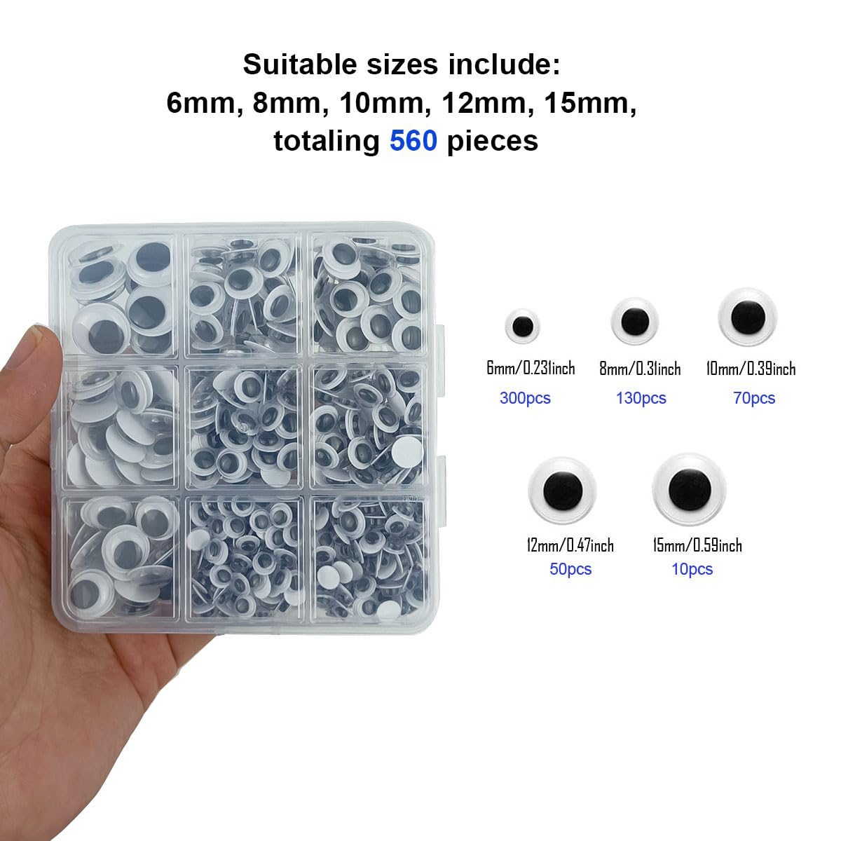 560 Pcs Wiggle Googly Eyes with Self-Adhesive, 6mm 8mm 10 mm 12mm 15mm Mixed Packaging (Black and White) FKEYTO