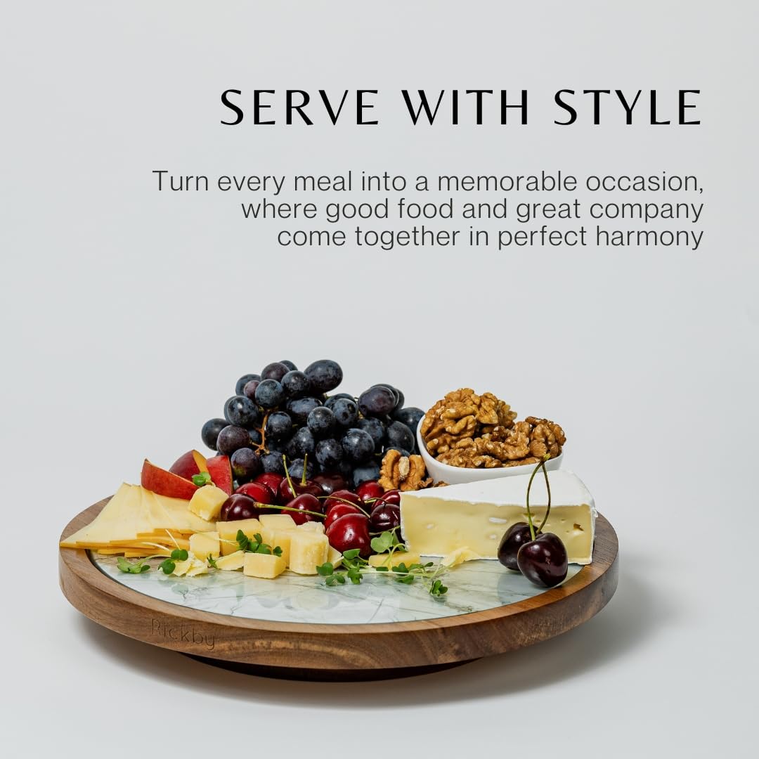 12-Inch Premium Acacia Wood Lazy Susan Turntable for Table Top with Removable Marble Texture Glass Plate, Wooden Lazy Susan for Dining Table Centerpiece & Kitchen Countertop Rickby