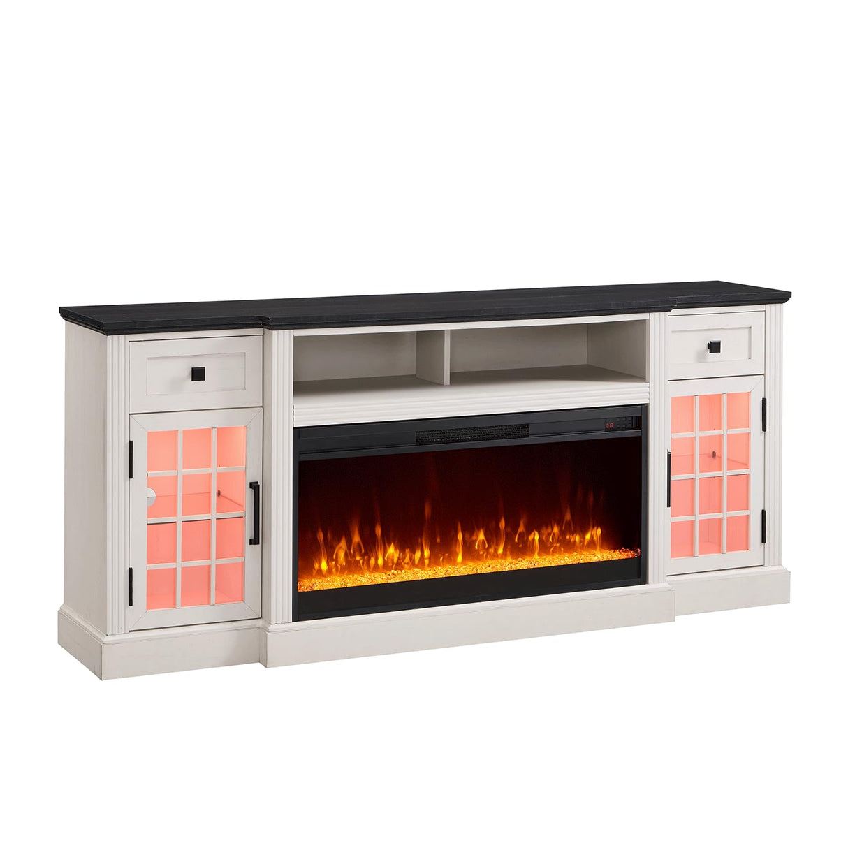 JXQTLINGMU Fireplace TV Stand for 80 Inch TV, Farmhouse Highboy Entertainment Center w/LED Lights & 36" Electric Fireplace, Large Media Console w/Glass Door Cabinet & Storage Drawer, White JXQTLINGMU