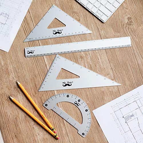 Mr. Pen– Metal Geometry Set, 4Pack, Metal Protractor, Aluminum Ruler, Metal Set Square, Triangle Ruler, Drafting Triangles, Triangle Ruler, Protractor Metal, Drafting Set, Geometry Kit, Drafting Ruler Mr. Pen