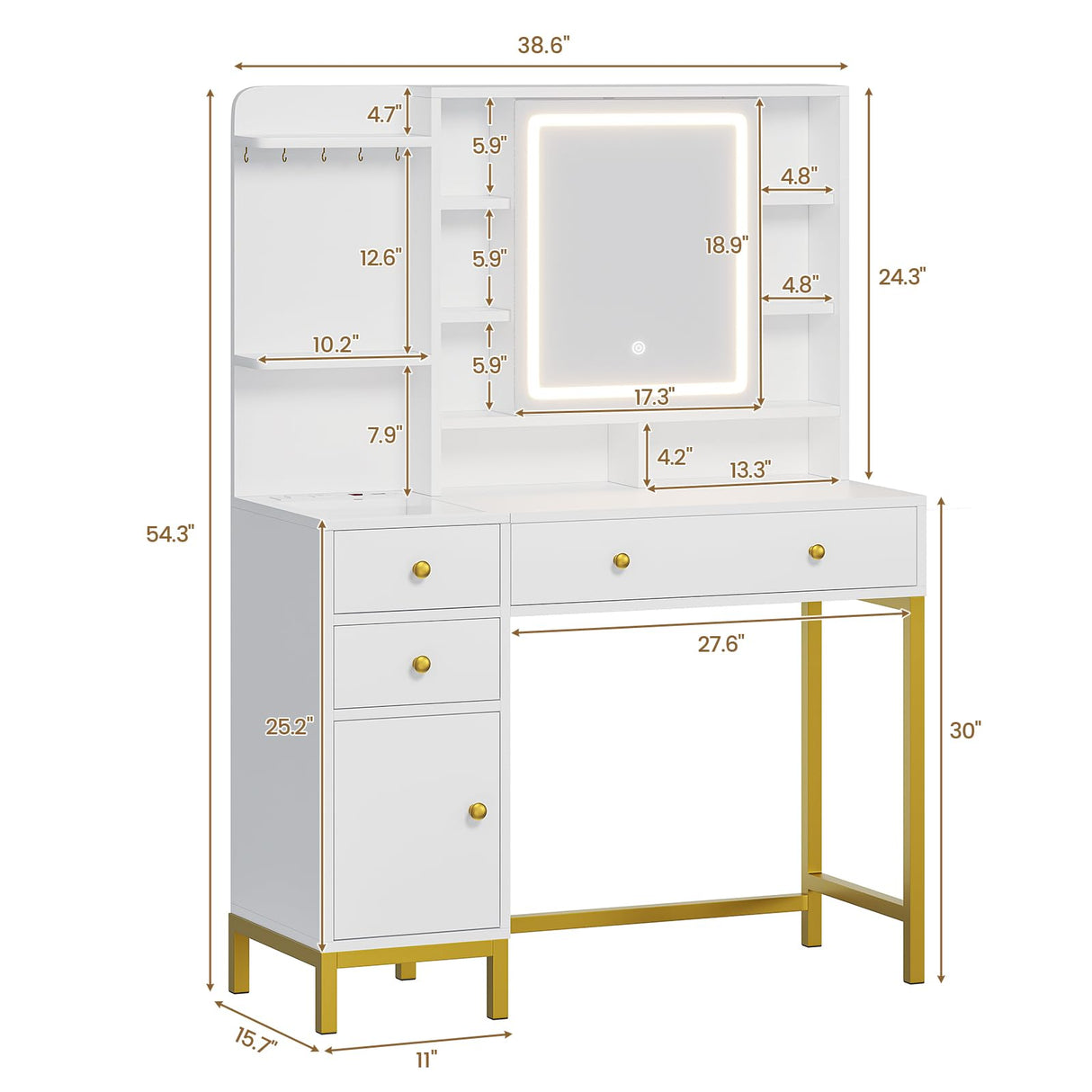 AOGLLATI Makeup Vanity with Lights in 3 Colors, White Vanity Desk with Mirror and Lights, Vanity Table with Charging Station, Makeup Desk with Visible Drawers, Hidden and Open Storage Shelves AOGLLATI