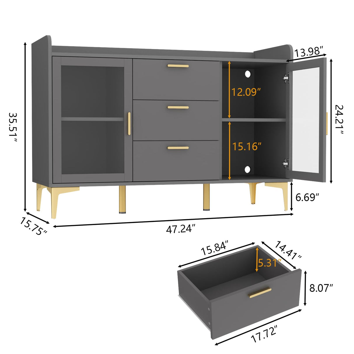 Auromie Sideboard Buffet Cabinet with 3 Drawers, Kitchen Storage Cabinet with LED Light, Coffee Bar Cabinet with Adjustable Shelf,Modern Organizer Cabinet with Door (Grey) Auromie