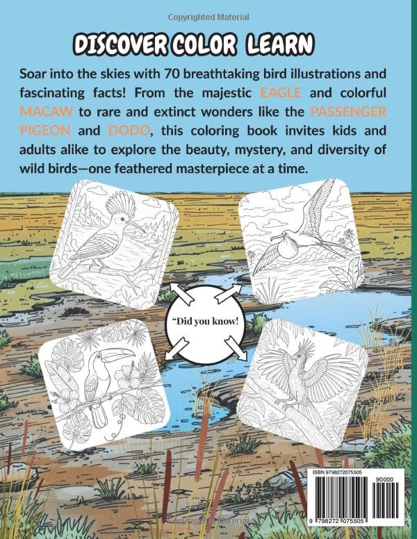 WILD BIRDS COLORING BOOK AND FUN FACTS: Birds Coloring Book for Adults and Kids | Wild, Rare, and Extinct Birds with Fun Facts | Relaxing Nature ... and Learning (COLOR AND LEARN FUN FACTS) Majosta