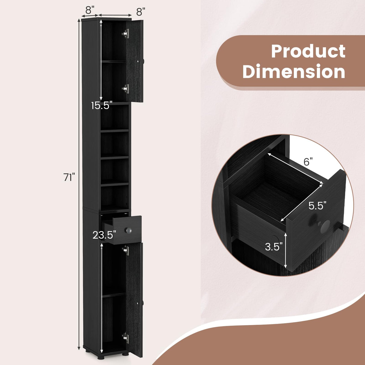 Tangkula Tall Slim Bathroom Storage Cabinet, 71" Freestanding Bathroom Cabinet w/ 2 Doors, 1 Drawer & 5 Adjustable Shelves, Floor Narrow Tower Cabinet for Small Spaces, 8" x 8" x 71" (Black) Tangkula