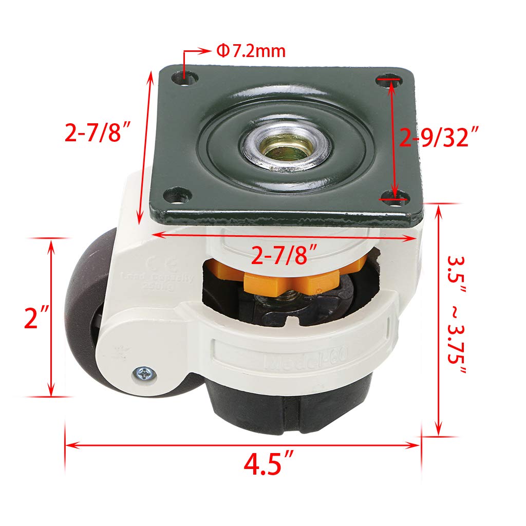 Skelang 4-Pcs Leveling Machine Casters with Nylon Wheel and Rubber Foot, Retractable Workbench Caster, Loading Capacity 2200 Lbs Skelang