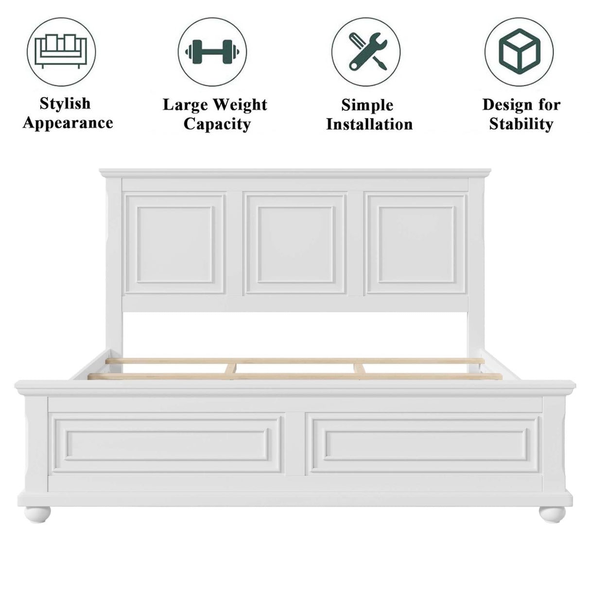 Mirightone King Size Platform Bed with Tall Headboard & Footboard in White Pinewood Mirightone