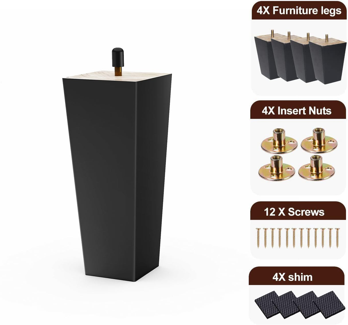 SHANJUE Black Sofa Legs-Furniture Legs 6 inch,Square Couch Legs Pack of 4- Wood Furniture feet,Sofa Replacement Parts,Wooden Chair Legs,for Furniture or DIY Projects SHANJUE