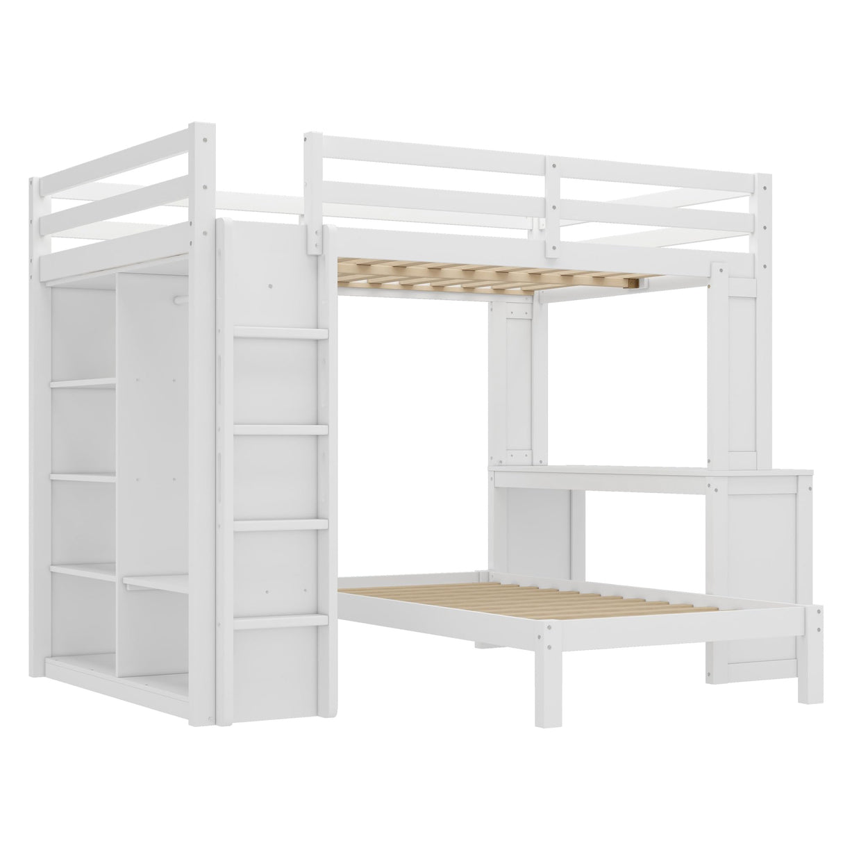 Queen Over Twin Bunk Bed with Desk, Wardrobe, and Storage Shelves, Solid Wood Bunk Beds with Dismountable Lower Bed, Bunkbed Frame for Bedroom, Guestroom, Dorms, No Spring Box Needed, White Bellemave