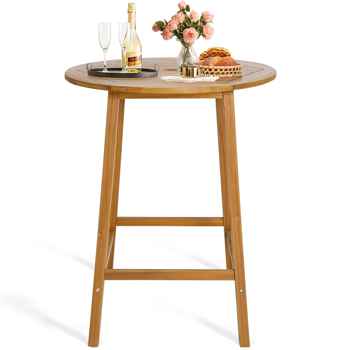HAPPYGRILL 31.5” Round Bar Table, Bar Height Table with Umbrella Hole & Slatted Tabletop, Acacia Wood Patio Bistro Table, Side Table for Indoors Outdoors HAPPYGRILL