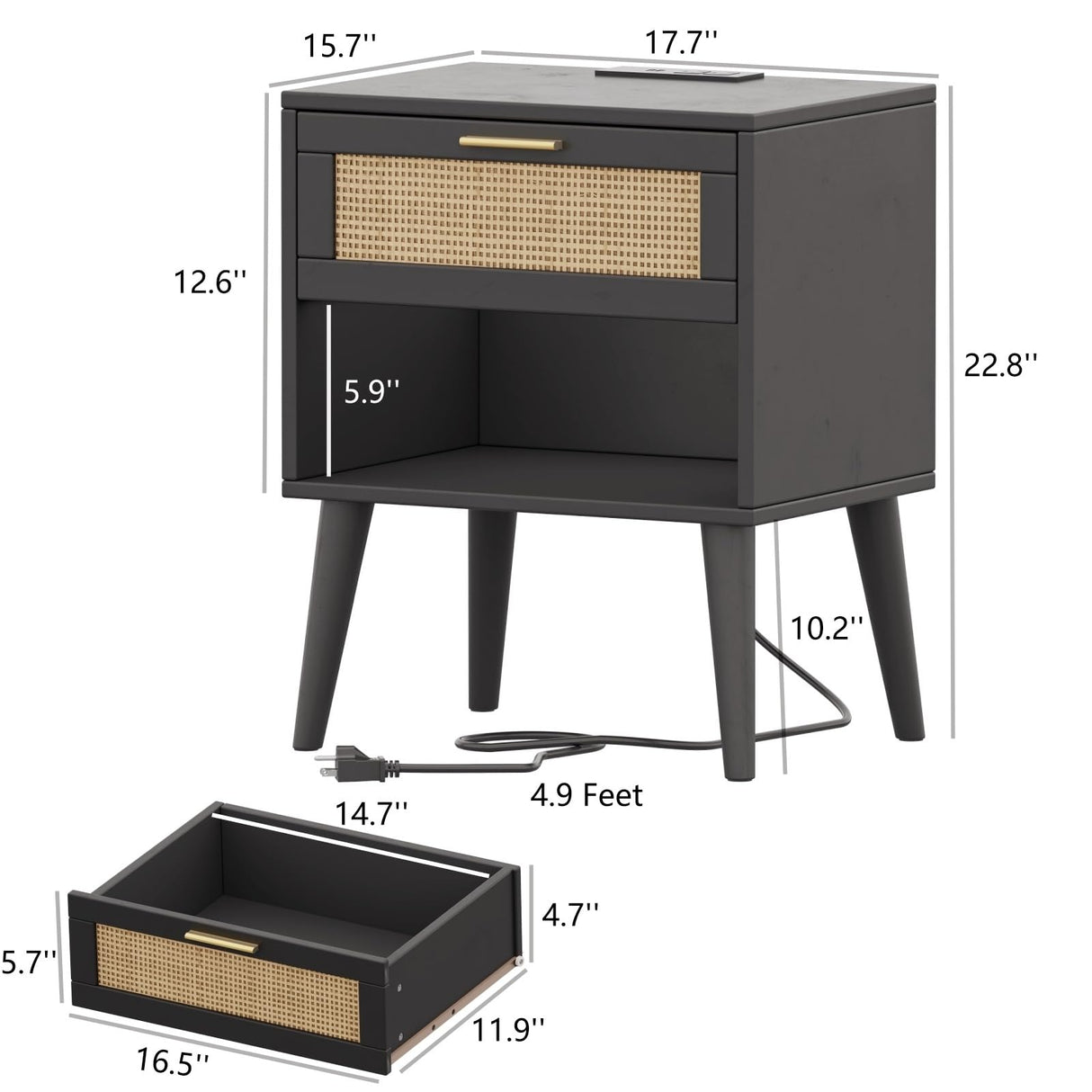 Irontar Nightstand Set of 2, Bedroom Night Stand with Charging Station & Rattan Drawer, Boho Style Bed Side Tables with Solid Legs, Accent End Table with Open Storage, Black and Natural BZZ007BME02 Irontar