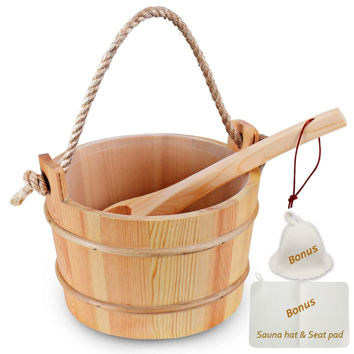 Bestnewie Sauna Bucket with Ladle Handmade Wooden Sauna Bucket Sauna Spa Accessory - 5 Liter (1.3 Gallon) Sauna Bucket with Felt Sauna Hat and Sauna Seat Pad Bestnewie