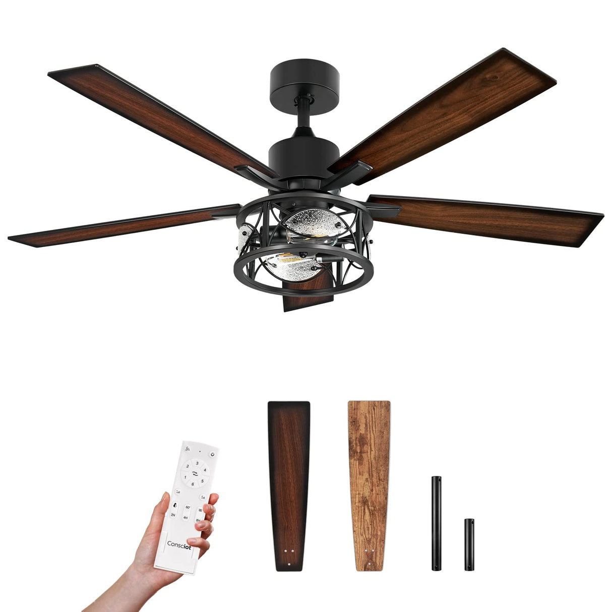 Consciot Ceiling Fan With Lights, 52 Inch Farmhouse Indoor Ceiling Fan With Remote, Quiet Reversible DC Motor, 5 Double Finish Wood Blades, Easy Dual Mount, Support Dimmable 2*E26 Bulbs(not included) Consciot