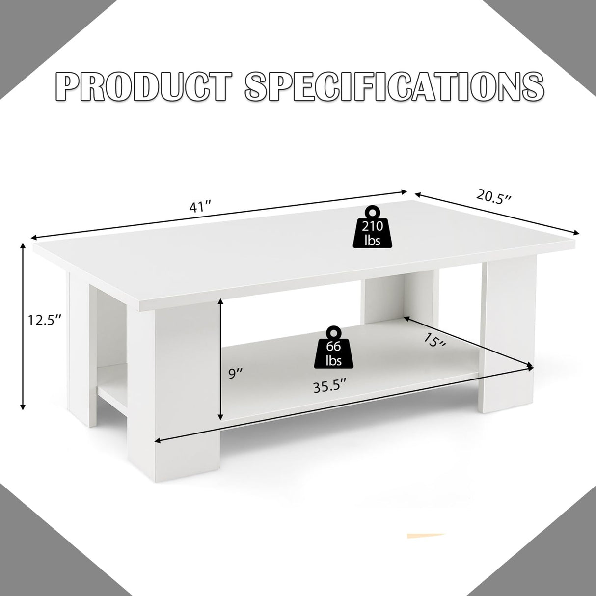 Giantex Rectangle Wood Center Table, 36" L 2-Tier Large Modern Tea Table w/Open Compartment, Easy Assembly, Accent Coffee Table for Living Room, Reception Room, White Giantex