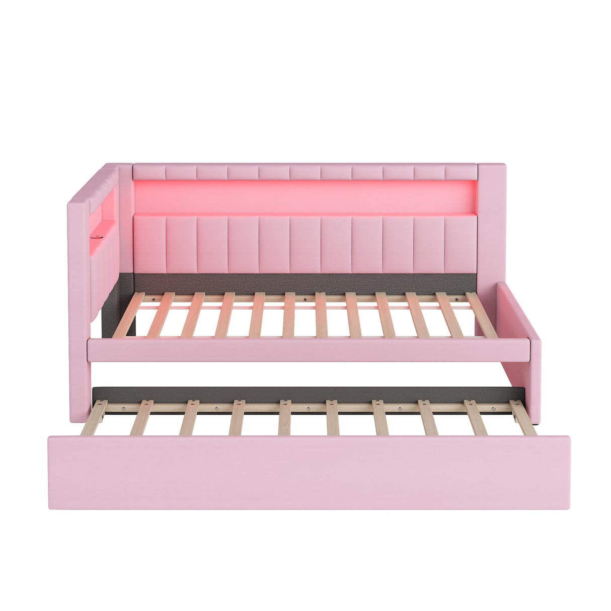 KALALLA Upholstered Twin Size Daybed with Trundle, Day Bed Frame with Storage L-Shaped Headboard USB Ports and LED Belt, No Box Spring Needed for Kids, Girls, Adults - Pink KALALLA