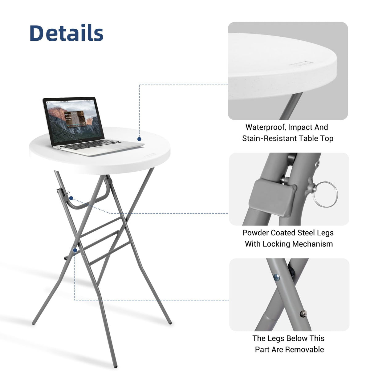 Byliable Cocktail Table 28in Folding Round High Top Indoor Outdoor with Removable Legs, Tall Bistro Foldable Bar Height Table for Parties, Patio, Backyard, Dining, Wedding, White- 2PCS Byliable