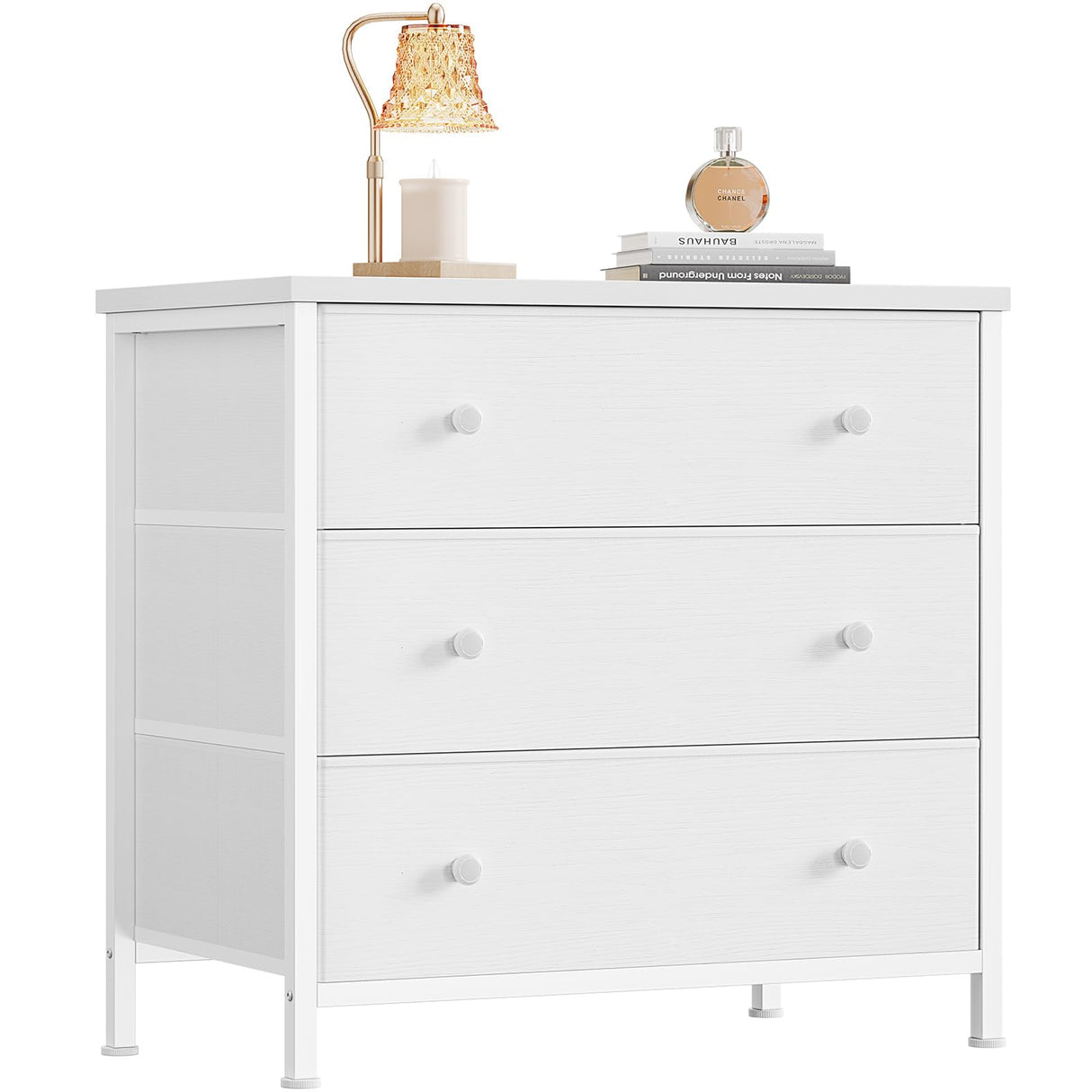 BOLUO White Nightstand with Fabric Drawers, Large Night Stand 3 Drawer Dresser for Bedroom, Closet, Girls Modern BOLUO