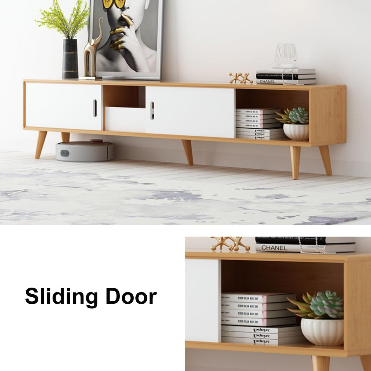 WOLWES TV Console Table Bamboo TV Cabinet Low Entertainment Center Narrow Media Console TV Stand for Living Room, Bedroom (Color : Brown, Size : 55.1in-no Drawer) WOLWES