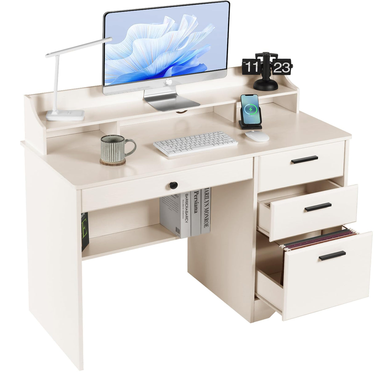 Catrimown Computer Desk with Drawers and Hutch, Farmhouse Home Office Desk Writing Table Wood Executive Desk Student Desk with File Drawer for Bedroom, Small Space, Milky White Catrimown