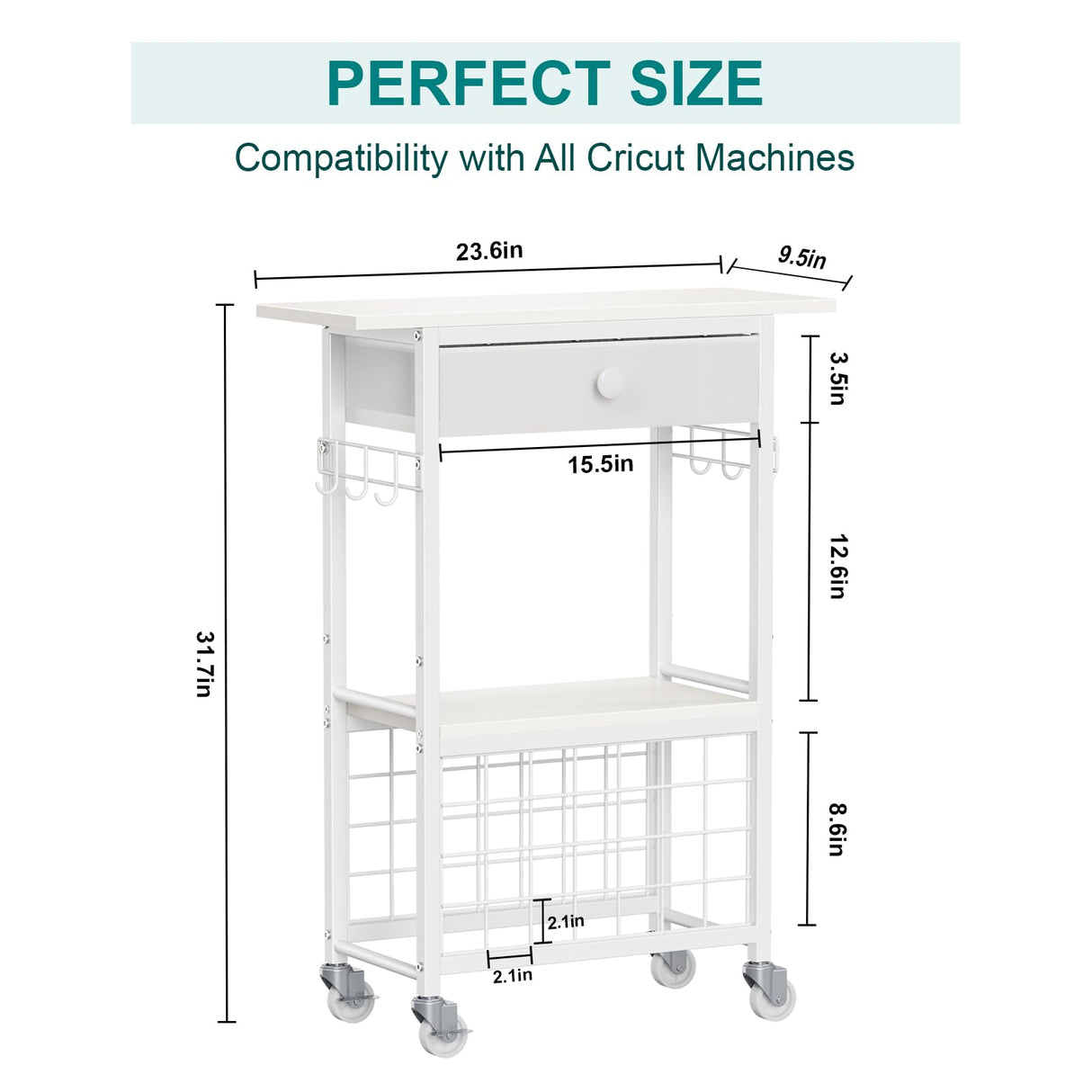 Snughome Craft Cart Compatible with Cricut Maker, Craft Organizers and Storage for Cricut Cart Organizer Table with Wheels, Drawer and 28 Vinyl Roll Holders, White, 23.6"(L) x 9.5"(D) x 31.7"(H) Snughome