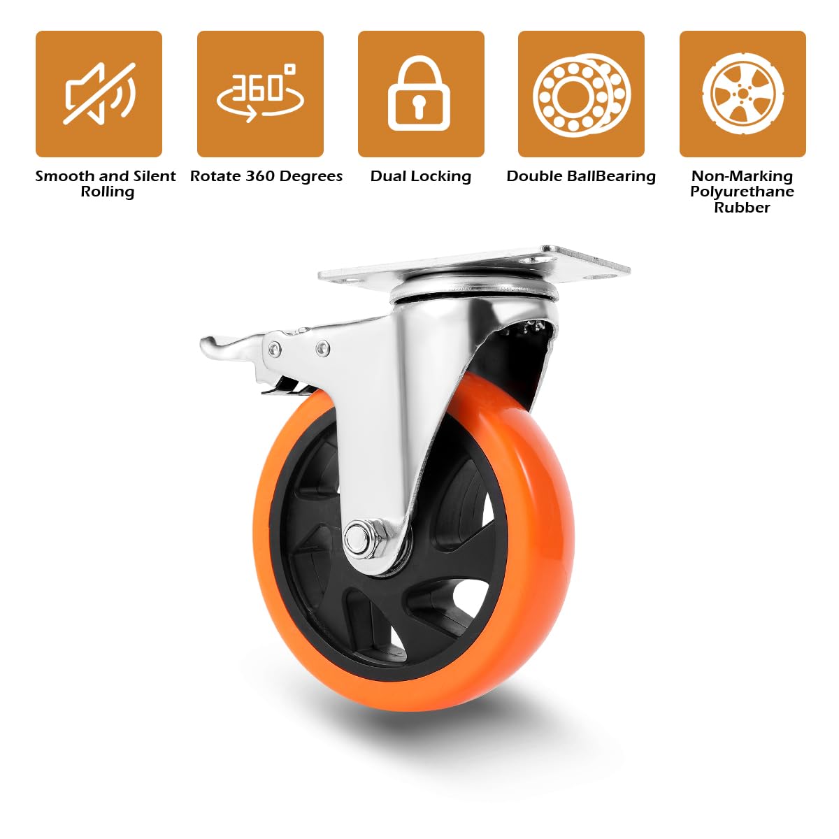 W B D WEIBIDA 5 inch Swivel Caster Wheels with Dual Locking, Heavy Duty Castors Set of 4, Silent Rolling, Top Plate Casters for Cart, Workbench, Furniture (Hardware Kits) W B D WEIBIDA