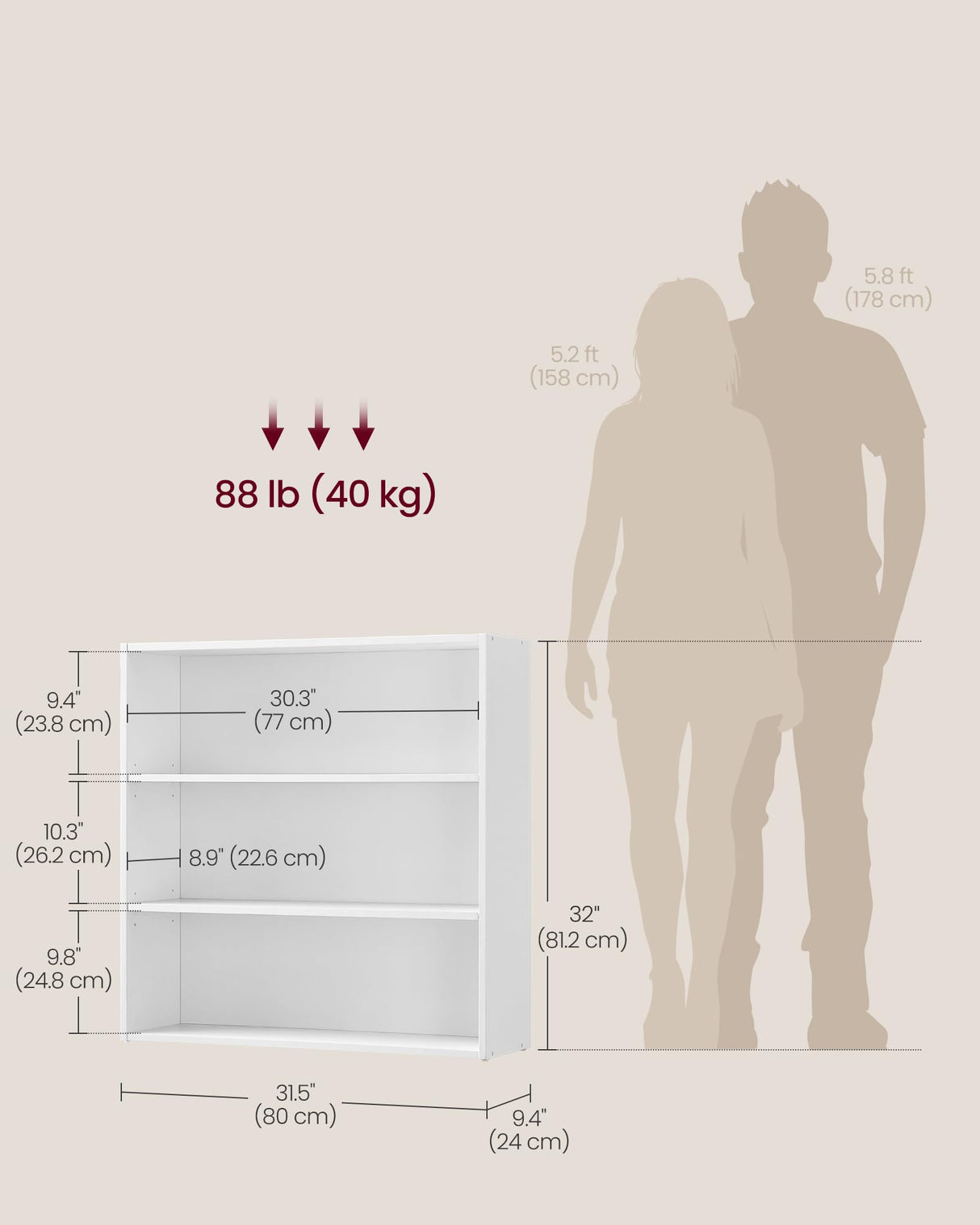 VASAGLE Custos Collection - Bookshelf, 3-Tier Bookcase, Book Shelf, Open Storage Shelf, 9.4 x 31.5 x 32 Inches, for Living Room, Home Office, Dinning Room, Cloud White ULBC173T14 VASAGLE