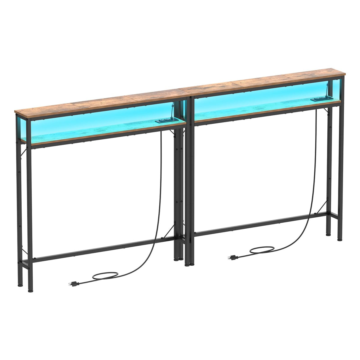 Tohomeor 5.9" Narrow Console Sofa Table with Power Outlets Led Light Sofa Skinny Behind Couch Table with Shelves Metal Frame and Charge Station (2, Rustic Brown) Tohomeor