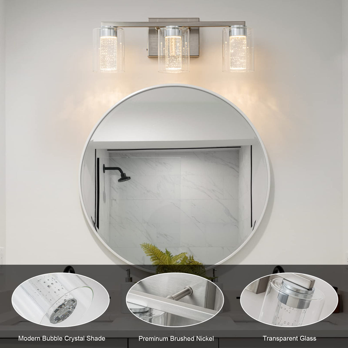 SineRise 3-Light Brushed Nickel Vanity Light with 3 Color Modes (3000K/4000K/6000K), Eye Protection LED Bathroom Light Fixture, Dimmable Modern Wall Light Over Mirror with Clear Glass Shade SineRise