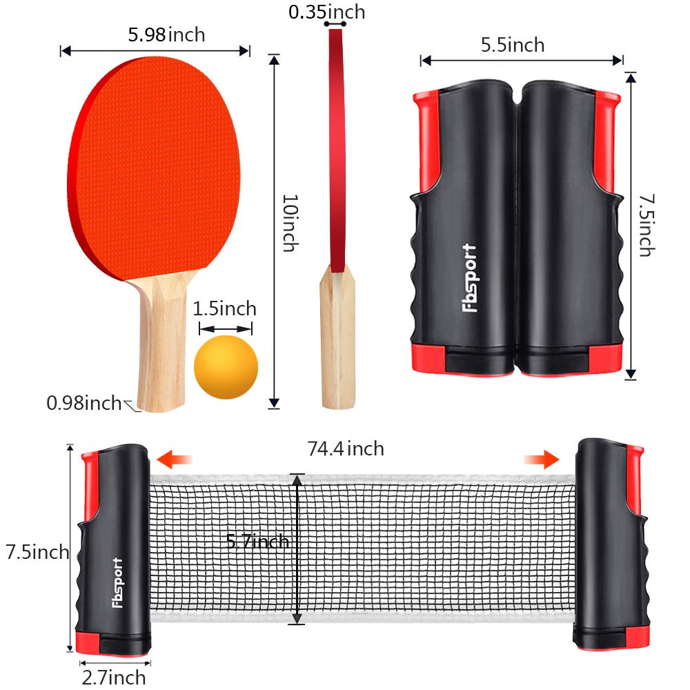 FBSPORT Ping Pong Paddle Set, Portable Table Tennis Set with Retractable Net, 2 Rackets, 6 Balls and Carry Bag for Children Adult Indoor/Outdoor Games FBSPORT