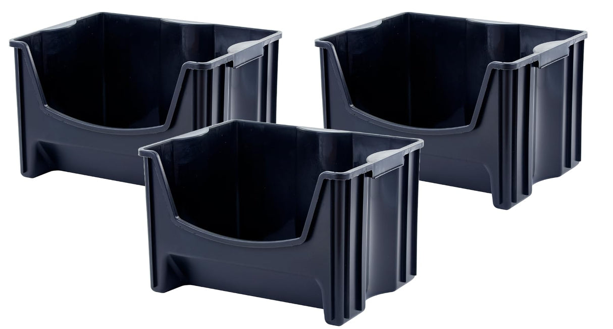 Mighty Tuff Jumbo Stackable Storage Bins, Pack of 3, Easy-Access Storage, Large Easy-To-Grip Handles, Wide Front Opening, Interlocking, Stack Vertically, Black Mighty Tuff