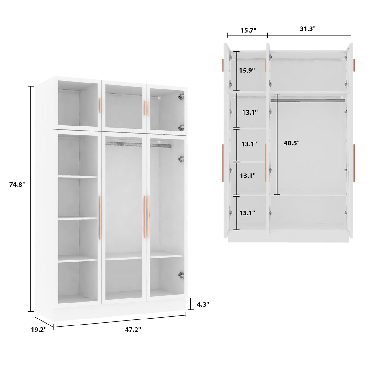 Homsee 5-Tier LED Bookshelf with Glass Doors and Hanging Bar, White Storage Cabinet Homsee