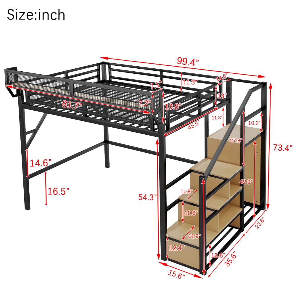 DaiNNCN Queen Size Loft Bed with Convertible Stairs and Storage Shelves, Metal Loft BedFrame with Wardrobe and Ladder for Kids,Teens,Adults, No Box Spring Needed, No Noise, Black DaiNNCN