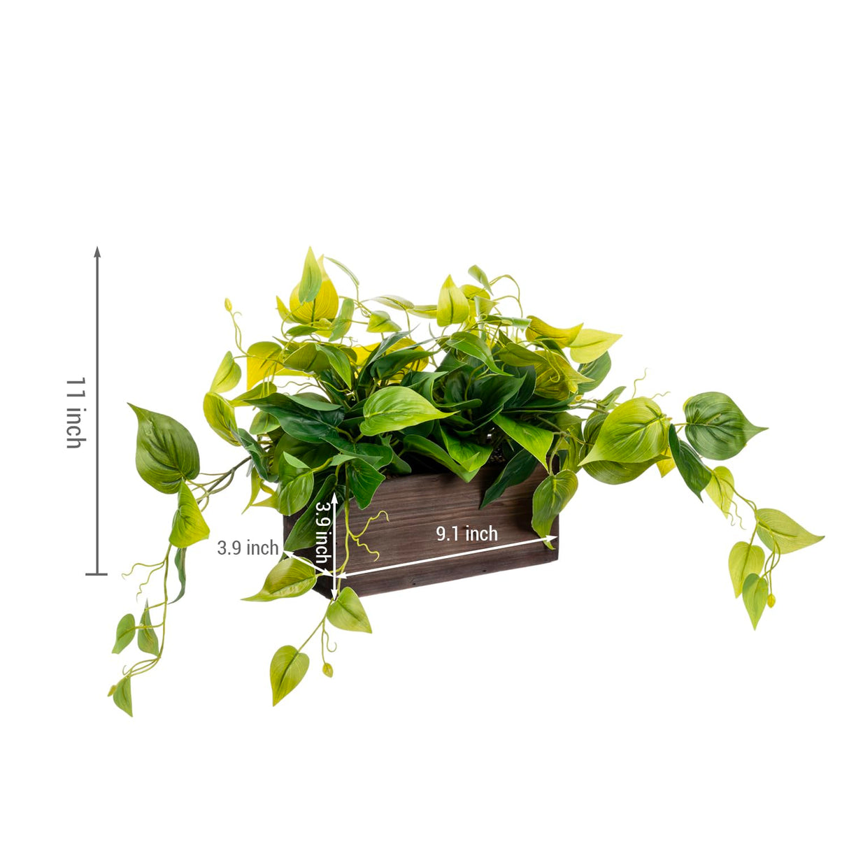 MyGift Vibrant Lifelike Artificial Plant Pothos Leafy Vine Greenery in Burnt Brown Solid Wood Rectangular Planter Box MyGift