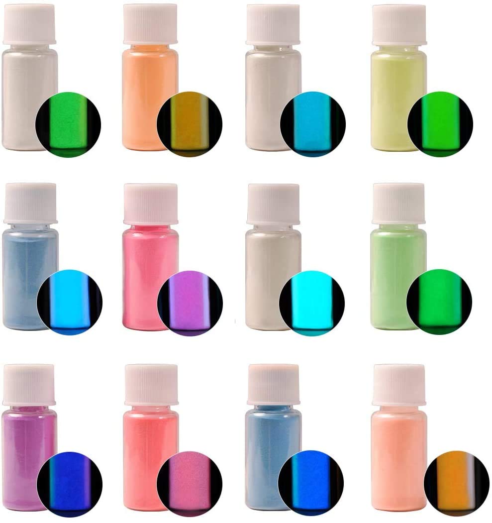 DEWEL Glow in The Dark Pigment Powder, 12 Colors Luminous Powder Set for Epoxy Resin, Fine Arts, DIY Crafts, Nail Art, Halloween, Party - 20g Each, 240g Total, Safe and Long Lasting DEWEL
