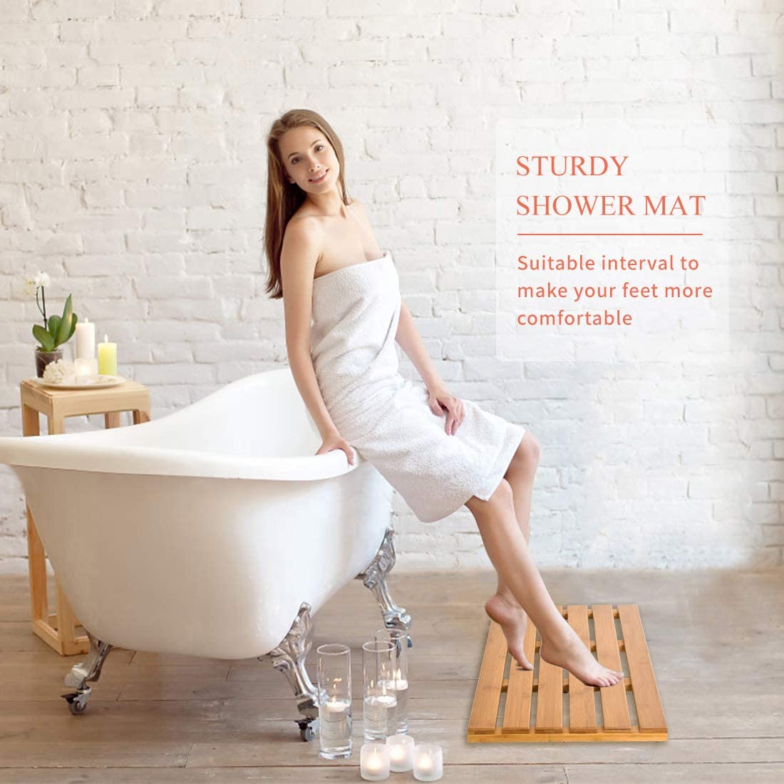 Bath Mat for Luxury Shower - Non-Slip Bamboo Sturdy Water Proof Bathroom Carpet for Indoor or Outdoor Use Bamfan