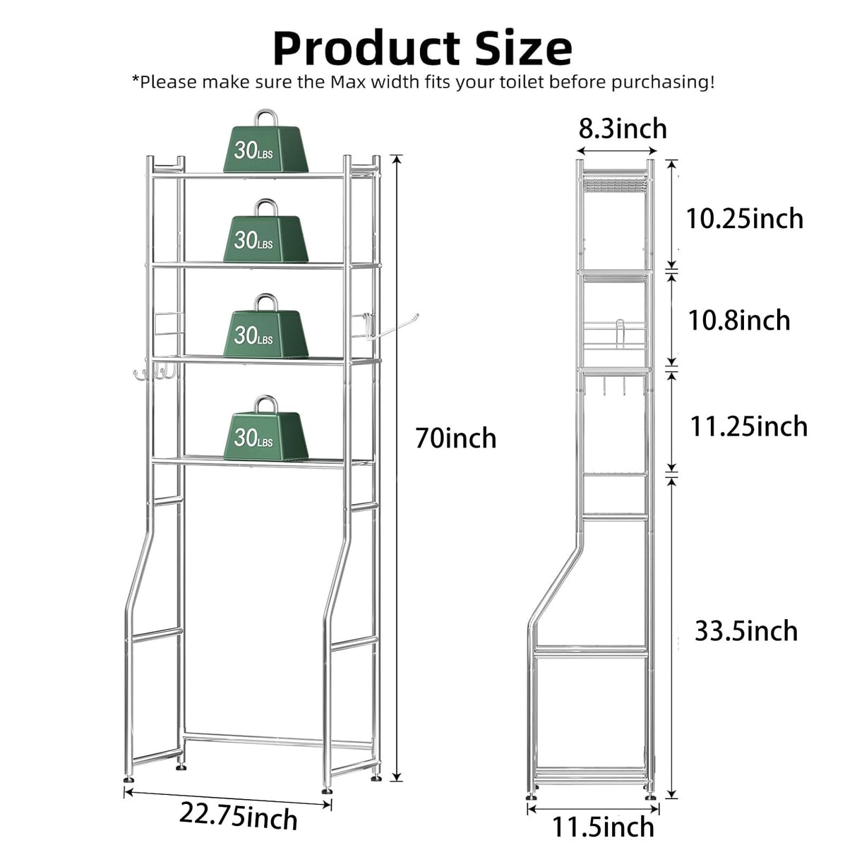 Ekisemio Over The Toilet Storage Shelf, 4-Tier Metal Over Toliet Bathroom Organizer Rack with Shelves, 70 Inch Tall, 4 Hooks and Paper Holder, Chrome Ekisemio