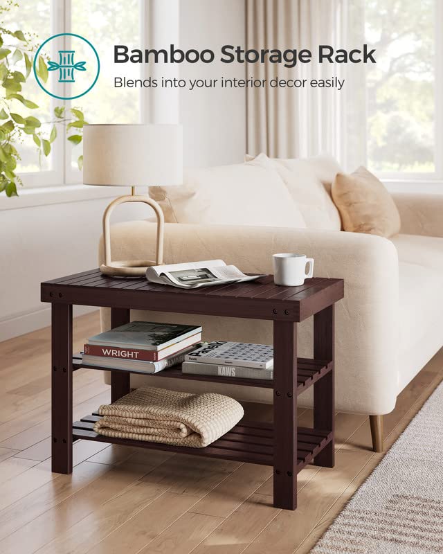 SONGMICS Shoe Rack Bench, 3-Tier Bamboo Shoe Storage Organizer, Entryway Bench, Holds Up to 286 lb, 11.3 x 27.6 x 17.8 Inches, for Entryway Bathroom Bedroom, Brown ULBS04Z SONGMICS