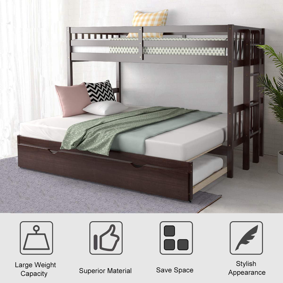 Giantex Twin Over Pull-Out Bunk Bed with Trundle, Extendable Twin/Full/Queen/King Bunk Bed, Solid Wood Bunk Bed with Ladder and Safety Rail, Wooden Bunk Beds for Kids Adults Teens, Espresso Giantex