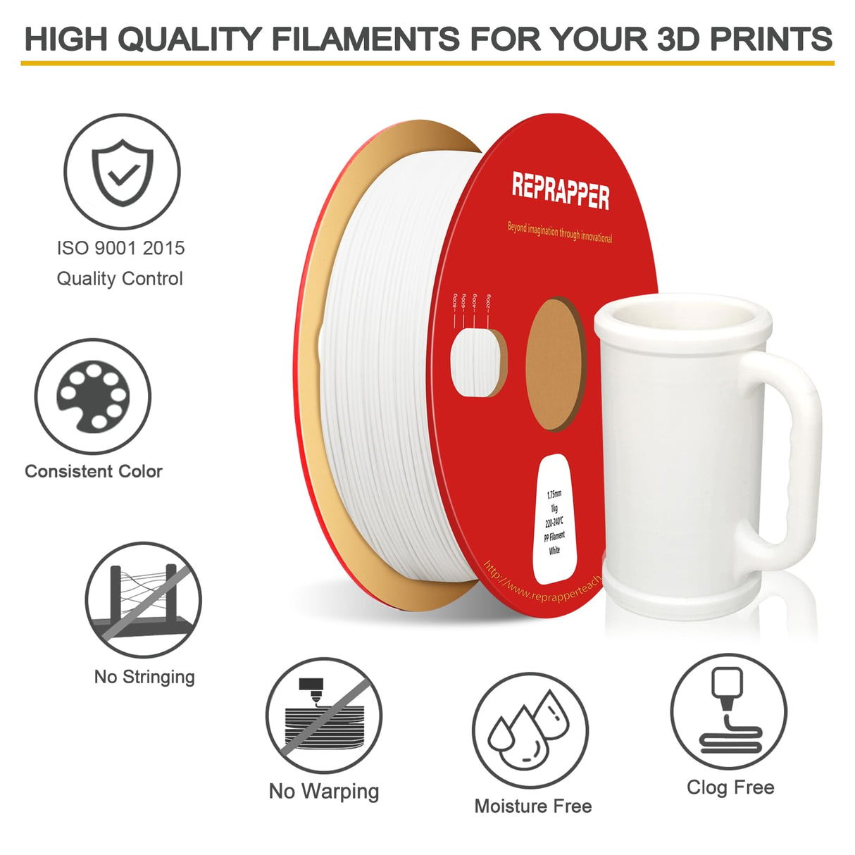 Reprapper Polypropylene PP Filament, Semi-Flexible Ultra Tough Filament 1.75mm 3D Printer Filament for 3D Printing (± 0.03mm) 2.2lb (1kg), 5pcs Build Sheet Included, White RepRapper